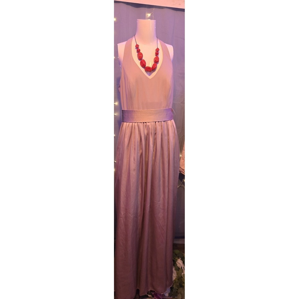 White by Vera Wang Bridesmaid Champagne‎ Gold Halter Maxi Dress Slit Size 8 Bow